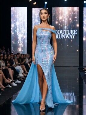 One-Shoulder Sequin Gown in Light Blue